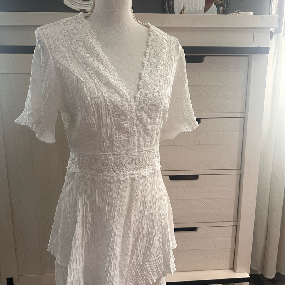 White Lace Trim V-Neck Romper